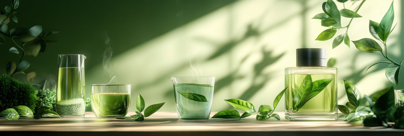 A pitcher, two glasses, and a bottle of green liquid sit on a wooden table with green leaves surrounding them